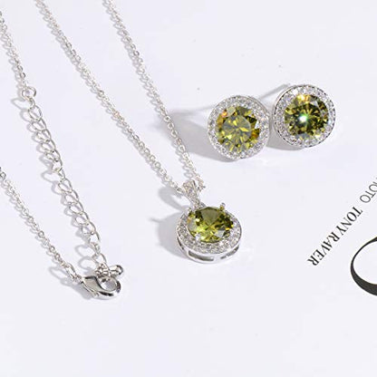 Bridal Crystal Jewelry Set - Sterling Silver Round Cubic Zirconia CZ Rhinestone Halo Birthstone Pendant Necklace Stud Earrings Set for Wedding Bride Bridesmaids Birthday Gift - color: Olive Green