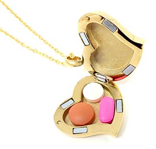 Amour Heart Pill Necklace - Polished Heart Locket with Strong Magnetic Closure - Medication Necklace - Keep Your Medication Securely with You at All Times - 26 Inch Chain - color: Gold