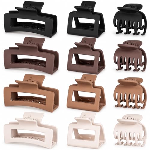 12 Pcs Hair Clips for Women 3 Styles Small Medium Large Claw Clips for Thin Thick Hair, Strong Hold Non-Slip Matte Hair Accessories - color: Brown