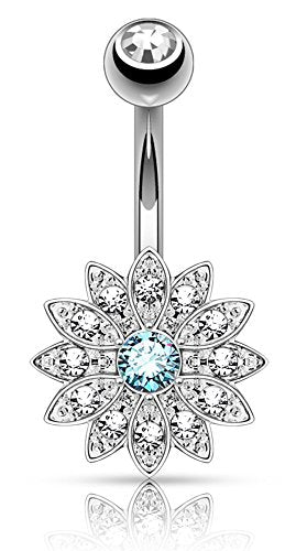 Forbidden Body Jewelry Surgical Steel Crystal Paved Petite Flower Belly Ring with Crystal Center - color: Silver Tone/Aqua