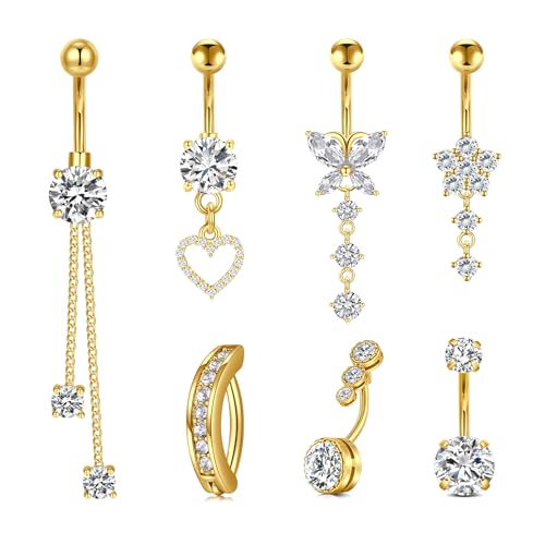 Mayhoop 14G Belly Button Rings 316L Surgical Stainless Steel Dangle Clicker Belly Ring Dangling Piercing Jewelry With Heart Flower Butterfly Silver Gold Tone For Women - color: 7Pcs-gold