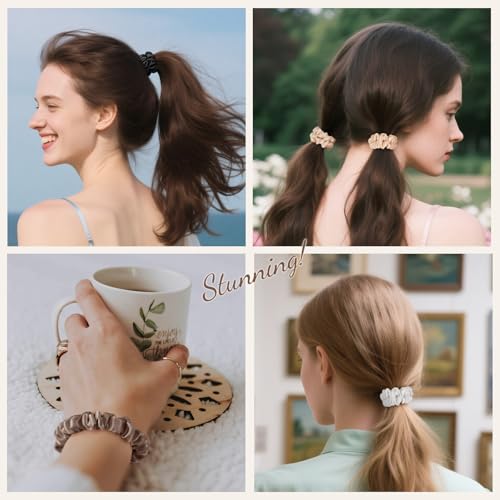 LULUSILK Small Silk Hair Ties No Damage, 100% Real Mulberry Silk, Skinny Scrunchies Ponytail Holders for Thin Fine Hair, Black White and Brown, Pack of 3 - color: Black&White&Brown