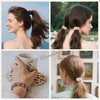 LULUSILK Small Silk Hair Ties No Damage, 100% Real Mulberry Silk, Skinny Scrunchies Ponytail Holders for Thin Fine Hair, Black White and Brown, Pack of 3 - color: Black&White&Brown