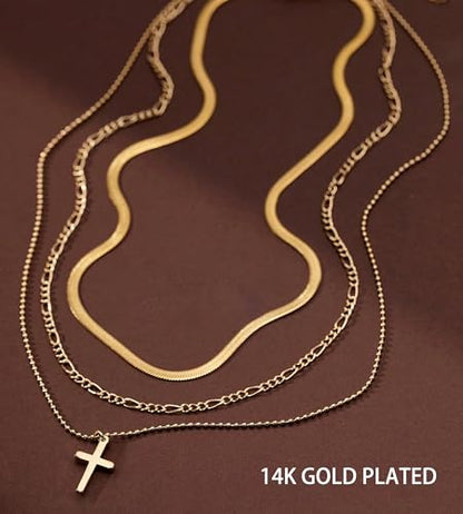 YEEZII Layered Gold Necklaces for Women Trendy, 3 Pcs 14K Gold Plated Choker Paperclip Box Chain Necklace, Stackable Women's Gold Pendant Necklaces Jewelry Set - color: Gold-3 pcs-Cross