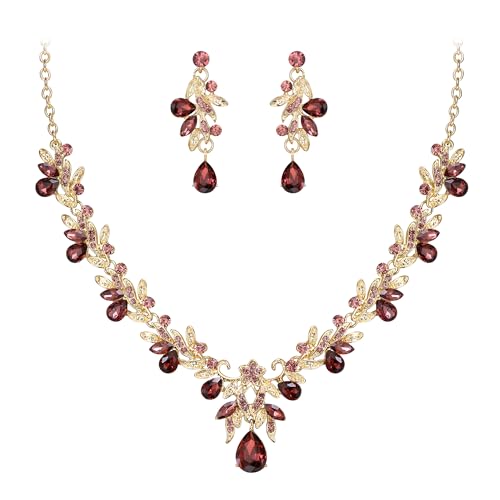 Women's Wedding Jewelry Set Leaf Flower for Bridal Prom Party | Stunning Crystal Teardrop Marquise Cluster Pendant Necklace Dangle Earrings Set for Bride Bridesmaid - color: Amethyst Color Gold-Plated-Base