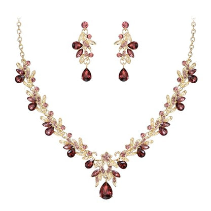 Women's Wedding Jewelry Set Leaf Flower for Bridal Prom Party | Stunning Crystal Teardrop Marquise Cluster Pendant Necklace Dangle Earrings Set for Bride Bridesmaid - color: Amethyst Color Gold-Plated-Base