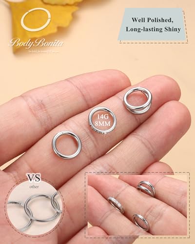 BodyBonita 3pcs Nose Rings Hoops - Double Hoop Nose Ring 14/16/18/20G Hinged CZ Piercing Jewelry Septum Clicker Rings Cartilage Earring Helix Rook Tragus Daith 7mm/8mm/9mm/10mm - color: Silver, size: 14 gauge(1.6mm)-8mm