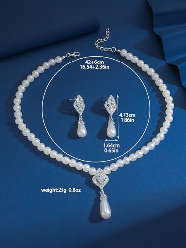 Pearl Necklace and Earring Set for Women,Pearl Jewelry Set Fake Pearls Necklace Imitation Beaded Collar de Perlas Para Mujer Necklaces for Prom Bridesmaid Costume Accessories - color: B-Silver Water Drop