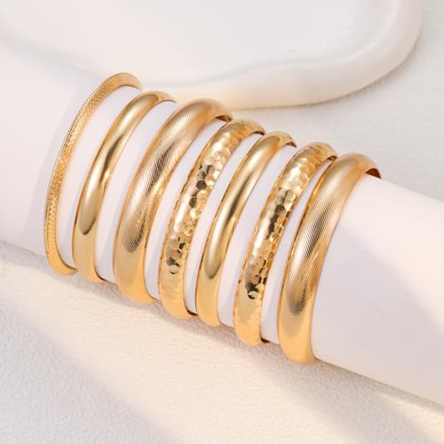Gold Bangle Bracelets for Women, 14k Gold Plated Multi Layer Textured Stackable Open Bracelet Set Boho Indian Bangles Stackable Set Trendy Elegance Charms Non Tarnish Minimalist Bangle Pack - style: Gold 7PcsWide
