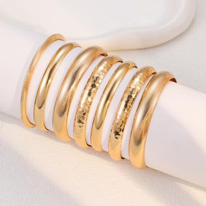 Gold Bangle Bracelets for Women, 14k Gold Plated Multi Layer Textured Stackable Open Bracelet Set Boho Indian Bangles Stackable Set Trendy Elegance Charms Non Tarnish Minimalist Bangle Pack - style: Gold 7PcsWide