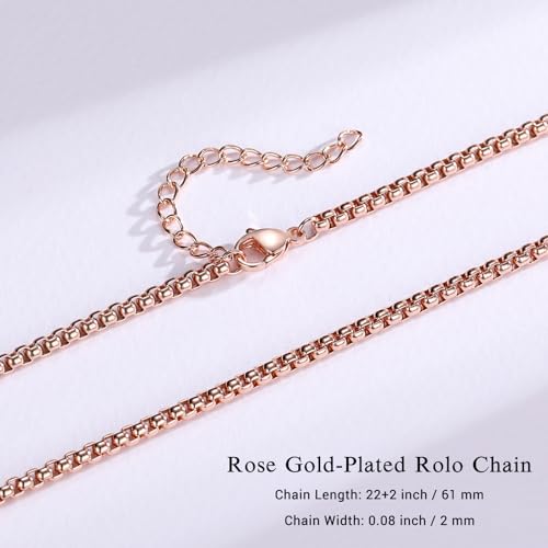 Eusense Stainless Steel Chain Necklace for Men Women Rolo/Wheat/Snake/Box Chain, 2-3MM, 20-24 Inches with Delicate Gift Box - color: Rose Gold-Plated, size: 22+2 Inches Length, style: Rolo Chain-2MM Width