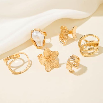 Gold Rings for Women Non Tarnish Stackable Rhinestone Moon Star Rings Dainty Stacking Pearl Butterfly Midi Pinky Thumb Joint Finger Knuckle Ring Set Gold Non Tarnish Jewelry Gifts Trendy Stuff - color: R Chunky Gold Rings 6Pcs