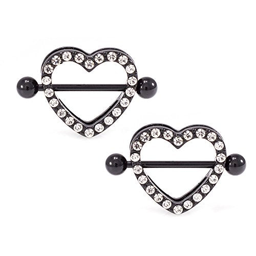 14G Stainless Steel CZ Paved Heart Nipple Rings Nipple Piercing Jewelry for Women 7/8 Inch 22mm - color: Black IP