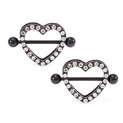 14G Stainless Steel CZ Paved Heart Nipple Rings Nipple Piercing Jewelry for Women 7/8 Inch 22mm - color: Black IP