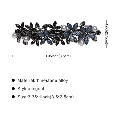 Flower Rhinestone Hair Barrettes for Women Fine Hair Glitter Sparkle Fancy Hair Clips for Women And Girls Elegant Pearl Barrettes (Black&Blue) - color: Black&Blue