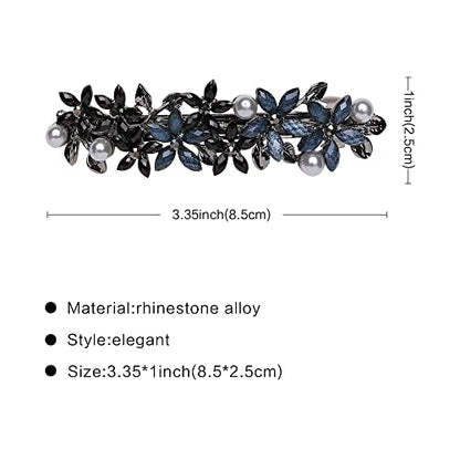 Flower Rhinestone Hair Barrettes for Women Fine Hair Glitter Sparkle Fancy Hair Clips for Women And Girls Elegant Pearl Barrettes (Black&Blue) - color: Black&Blue