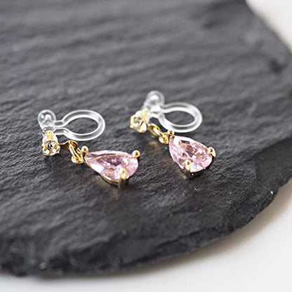 Drop Cubic Zirconia Invisible Clip On Earrings for Women Not Pierced Gold Teardrop Sqaure CZ Crystal Dangle Gold Silver Comfortable Clip On Earrings Bridal Wedding Prom - color: Teardrop 4 Pink