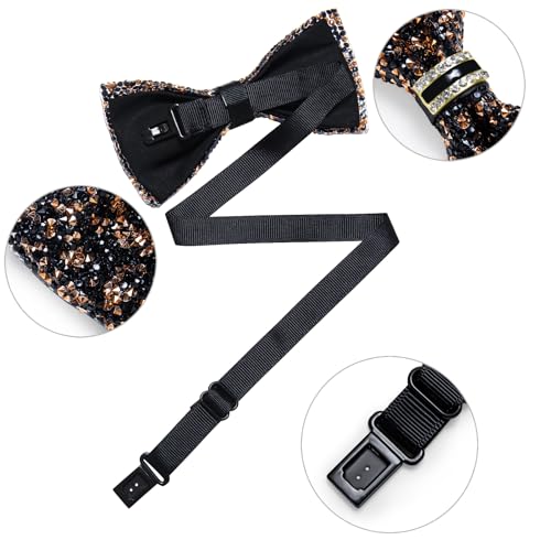 DiBanGu Mens Rhinestone Bow Tie with Ring and Lapel Pin Set | Adjustable Strap,Pre-tied Style,3PCS,Sequin Diamond Bowties，Solid/Mix Color,Shiny Accessory,for Party Prom Banquet Wedding - color: Black and Gold