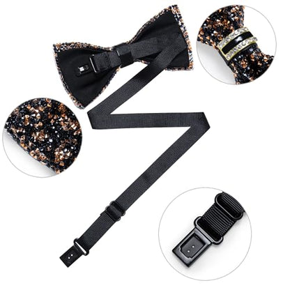 DiBanGu Mens Rhinestone Bow Tie with Ring and Lapel Pin Set | Adjustable Strap,Pre-tied Style,3PCS,Sequin Diamond Bowties，Solid/Mix Color,Shiny Accessory,for Party Prom Banquet Wedding - color: Black and Gold
