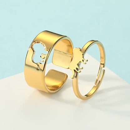 2PCS Matching Cute Animals Promise Engagement Rings for Couples Men Women Jewelry Band Sets 316L Stainless Steel Adjustable Open Ring - color: Lion-g