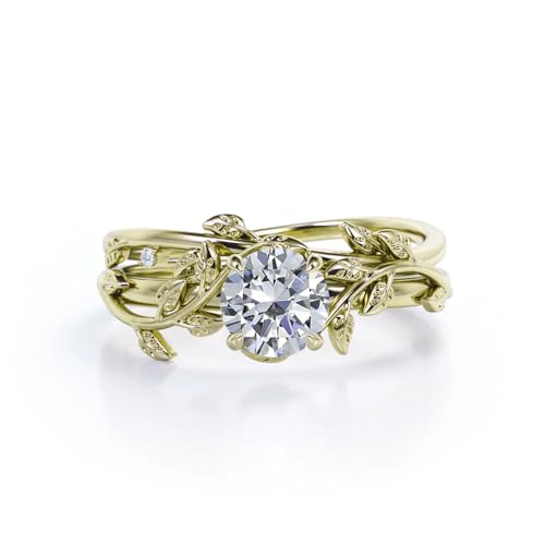 Center 1 CT Round Cut Floral Moissanite Wedding Rings Sets for Women Leaf and Vine Art Deco Engagement Ring Sets in S925 Sterling Silver 10K 14K 18K Gold with Text Engraving - color: Style B