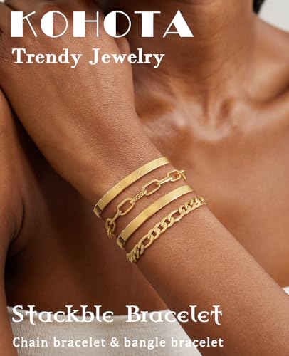 KOHOTA Chunky Gold Bracelets for Women Non Tarnish 14K Gold Plated Cuff Bracelet Stack Trendy Love Bangle Bracelets Stackable Tennis Bracelet Set Tie Knot Cuban Paperclip Figaro Chain Jewelry Gifts - color: B.Love bangle