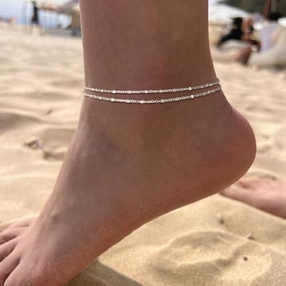 Freekiss Sparkle Glitter Waterproof Ankle Bracelets for Women Trendy | Dainty Layered Anklet for Women Adjustable Womens Anklet Set Stackable Beaded Cuban Link Anklets Beach Jewelry for Women - color: ANKLET-Single clasp beaded chain-SL
