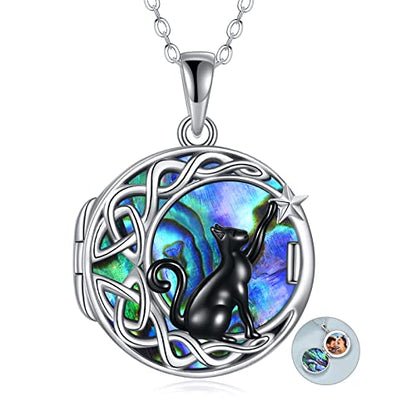 925 Sterling Silver Moon Black Cat Necklace for Women Cat Jewelry - style: G-Black Cat Abalone Locket Necklace