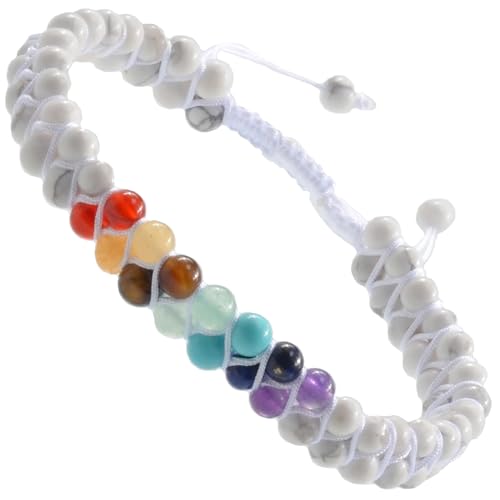 MASSIVE BEADS Double Layer Natural Chakra Healing Power Crystals Macrame Bracelet Yoga Stone Beads Gemstone Meditation Relax Anxiety Bangle for Unisex Women Men - color: 7-Chakras&Howlite, size: 4mm