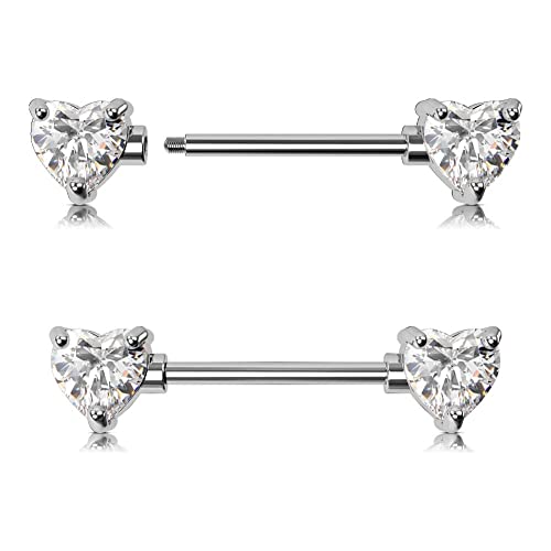 OUFER 2PCS 14G Surgical Steel Nipple Rings Barbell Heart CZ Nipple Rings Piercing for Women nippleshield Piercing Body Piercing - color: White