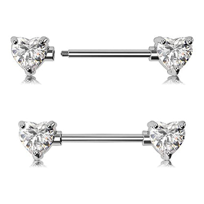 OUFER 2PCS 14G Surgical Steel Nipple Rings Barbell Heart CZ Nipple Rings Piercing for Women nippleshield Piercing Body Piercing - color: White