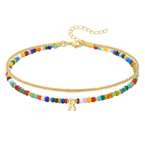 KissYan Initial Ankle Bracelets for Women | Layered Colorful Beaded Anklet with 14K Gold Chain, Waterproof Dainty Jewelry Gift for Summer Beach - style: R