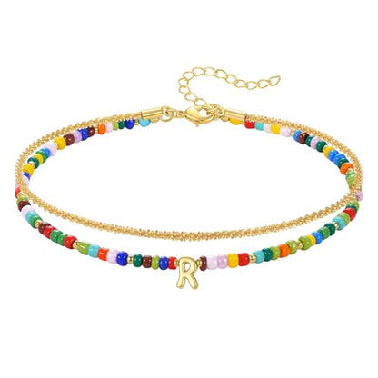 KissYan Initial Ankle Bracelets for Women | Layered Colorful Beaded Anklet with 14K Gold Chain, Waterproof Dainty Jewelry Gift for Summer Beach - style: R
