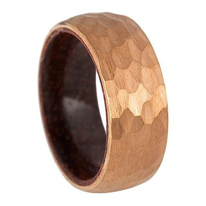 8mm Tungsten Carbide Genuine Natural Koa Wood Inner Inlay Ring Black/Gold/Silver/Rose Gold Wedding Band Hammered Textured Flat Style Comfort Fit Gift Box Included - color: Hammered Rose Gold Tungsten