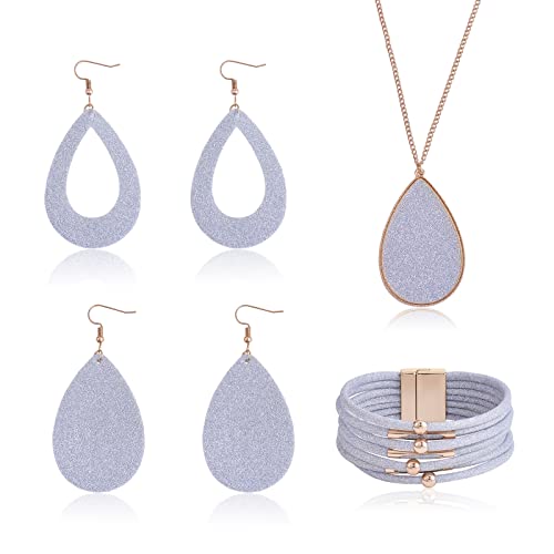 Ornaland 4 Pcs Leather Earrings Necklace Bracelet Set Print Earrings Faux Leather Necklace Multi-Layer Bracelet Jewelry Set Gifts for Women - color: A6