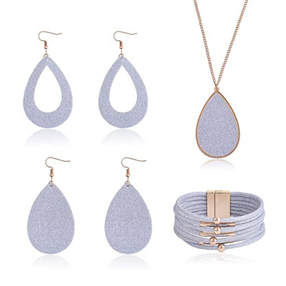Ornaland 4 Pcs Leather Earrings Necklace Bracelet Set Print Earrings Faux Leather Necklace Multi-Layer Bracelet Jewelry Set Gifts for Women - color: A6