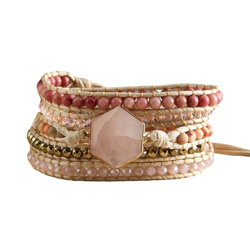 Handmade Boho Wrap Bracelets Natural Turquoise Crystal Stone Variety Beaded Strand Bracelet - color: Pink Quartz