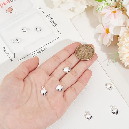 Beebeecraft 10Pcs 925 Sterling Silver Plated Brass Small Heart Charms 3D Love Shaped Dangle Pendant Charms for Necklace Bracelet Jewelry Making（10x9x3.5mm） - color: Silver