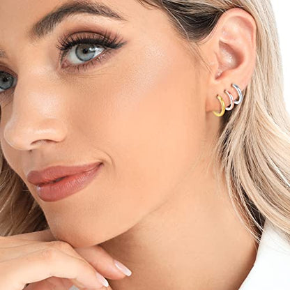 3 Pairs 925 Sterling Silver Hoop Earrings 14K White Gold Plated Small Silver Hoops Cartilage Huggie Earrings for Women Men - color: F-3 Colors 8mm