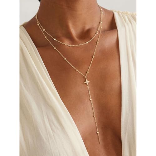 Lariat Gold Necklace for Women, 14K Gold Plated Dainty Drop Y Necklace, Waterproof Non Tarnish Long Layered Beaded Chain Lariat Necklace Prom Jewelry Summer Vacation Gift for Her - color: Gold-5