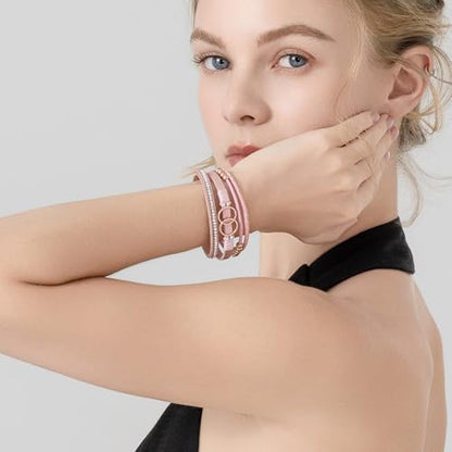 Chunky Boho Leather Wrap Bracelets Cowgirl Beaded Circle Western Jewelry | Stackable Infinity Layered Bohemian Magnetic Clasp Cuff Statement Fashion Colorful Country Hippie Outfits for Women Trendy - color: Pink