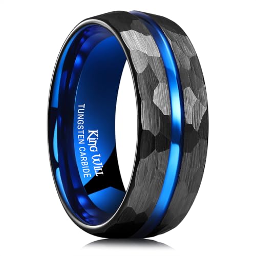 King Will Men's Tungsten Carbide Wedding Ring Hammered Groove Wedding Band Mens Two Tone Engagement Ring for Men and Women Matte Brushed Finish Comfort Fit - color: 8mm Black & Blue - Groove