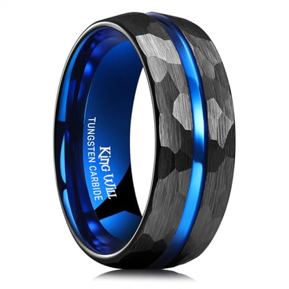 King Will Men's Tungsten Carbide Wedding Ring Hammered Groove Wedding Band Mens Two Tone Engagement Ring for Men and Women Matte Brushed Finish Comfort Fit - color: 8mm Black & Blue - Groove