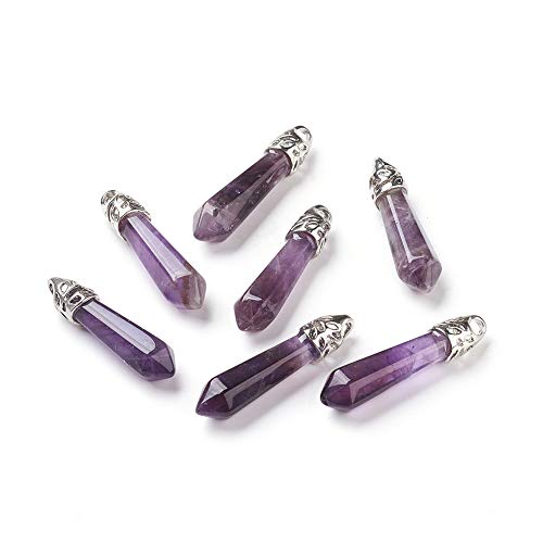 12Pcs Amethyst Bullet Shape Gemstone Pendants Hexagonal Chakra Crystal Pointed Quartz Charms with Platinum Alloy Loop 33~40x8~9mm for Necklace Earring Bracelet Making - color: 1-Bullet-Purple Amethyst