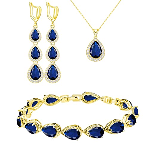 LMXXVJ Necklace Long Earrings Bracelet Set, White Gold Plated Created Blue Sapphire Jewelry Set Wedding Party Gift Jewelry for Women Bridal Bridesmaid - color: Gold-Blue