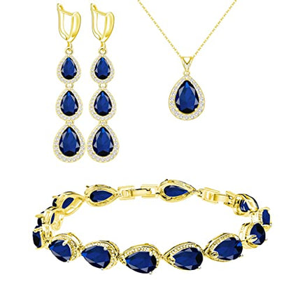 LMXXVJ Necklace Long Earrings Bracelet Set, White Gold Plated Created Blue Sapphire Jewelry Set Wedding Party Gift Jewelry for Women Bridal Bridesmaid - color: Gold-Blue
