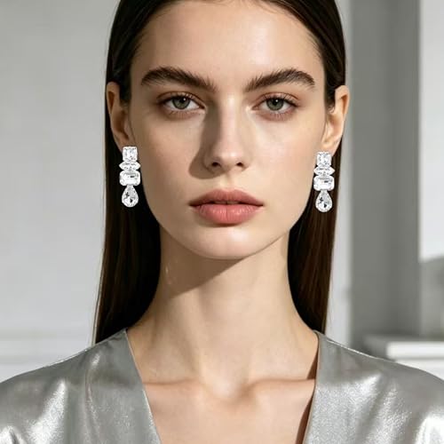Dainty Sparkly Crystal Square Teardrop Circle Dangle Drop Earrings Long Chic Glitter Rhinestones Geometry Stud Earrings For Women - style: Silver White