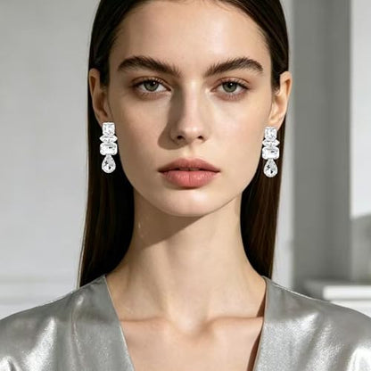 Dainty Sparkly Crystal Square Teardrop Circle Dangle Drop Earrings Long Chic Glitter Rhinestones Geometry Stud Earrings For Women - style: Silver White