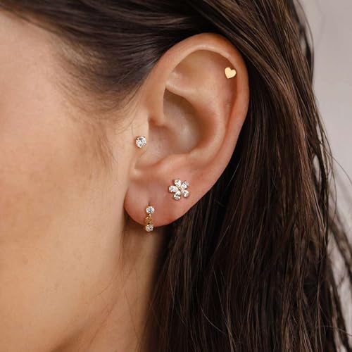 G23 Titanium 16G Tragus Conch Piercing Jewelry Flat Back Stud Earrings | Hypoallergenic CZ Nose Dangle Helix Medusa Lip Labret Body Piercing Jewelry, 14K Gold Plated, Silver, 6 and 8 mm Post Length - color: Clear CZ-14K Gold