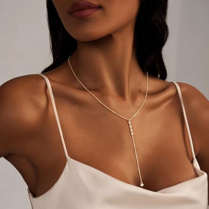 HERIER Lariat Gold Necklace for Women, Dainty Long Necklace 14k Gold Plated/Silver Y-Shaped Layered Beaded Chain Drop Necklaces for Women Trendy Simple Gold Jewelry for Women Gifts - color: Y CZ Lariat Necklace-Gold
